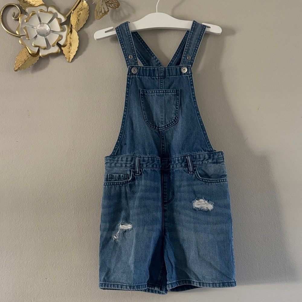 Place Blue Denim Short Overalls with Distressed Accents